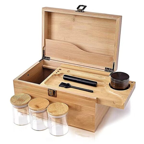 Wooden Multifunctional Storage Box for Cannabis, Tobacco, Cigars, and Loose Leaf - Dual-Layer Humidor with Moisture Control，Box only, jars and grinder not included